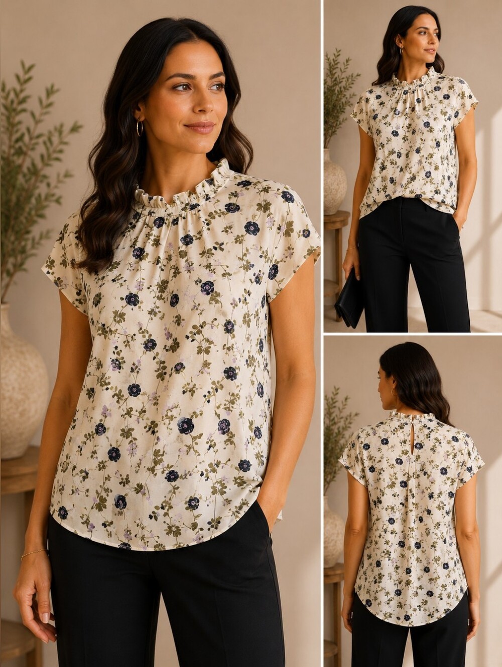 💙 mandee White Short Sleeve Floral Ruffle Neck Top